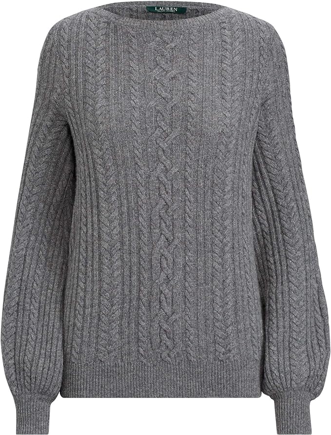 Lauren Ralph Lauren Women's Cable Puff-Sleeve Sweater Color Shadow Grey Heather Size L