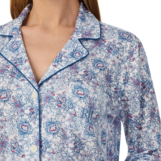 Lauren Ralph Lauren Women's 3/4 Sleeve Notch Collar PJ Set Color White Floral Size S