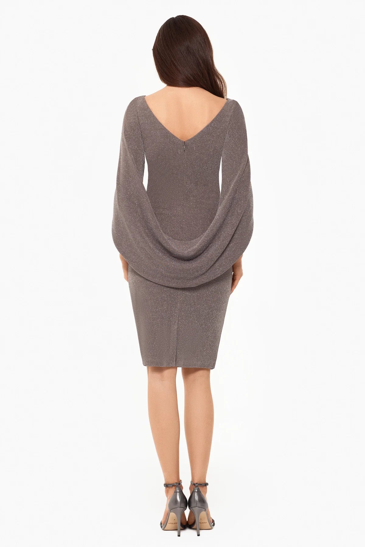 Betsy & Adam Metallic-Knit Draped Sheath Dress Taupe/Silver Size 14
