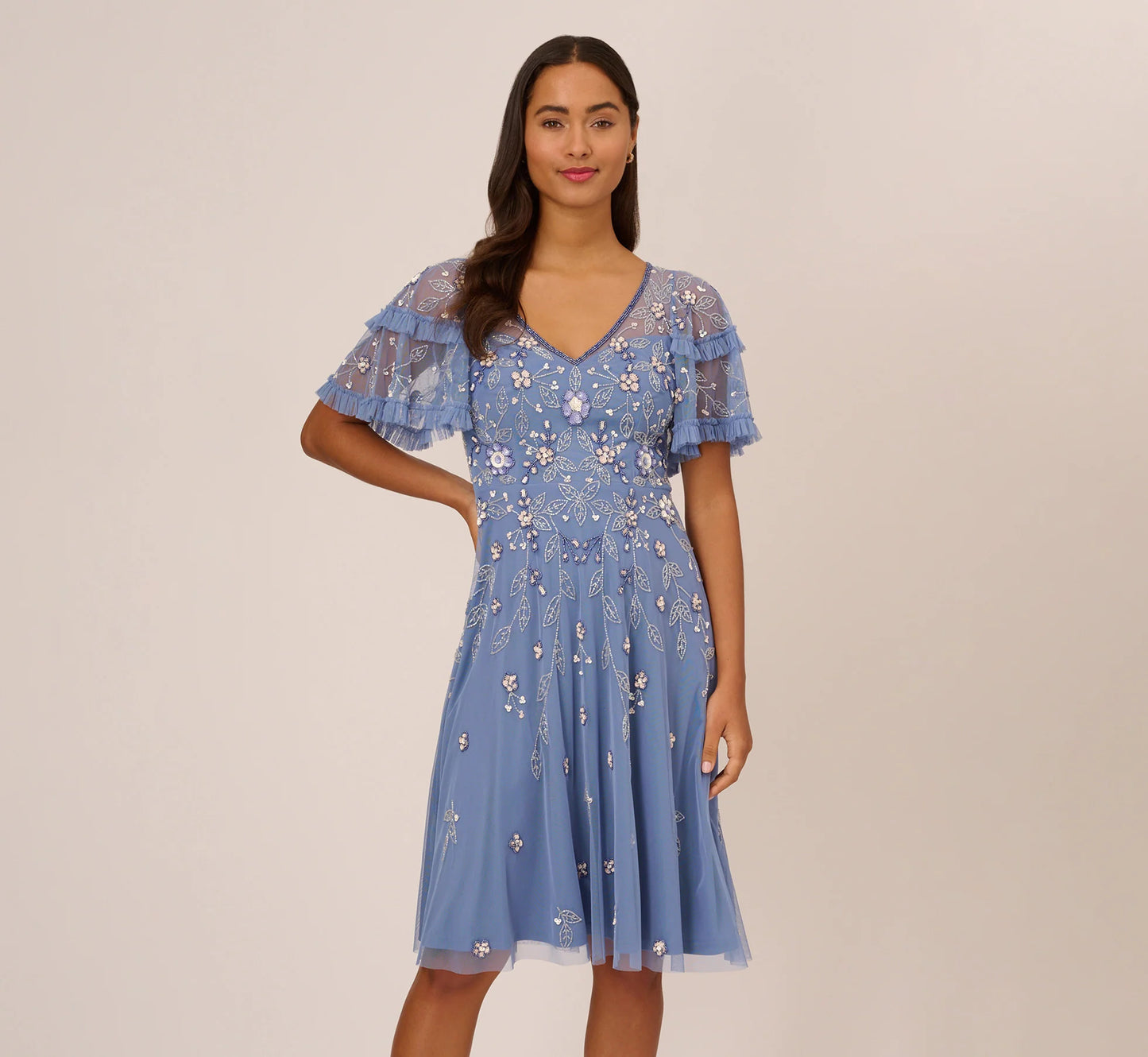 Adrianna Papell Women's V-Neck Beaded Midi Dress Color French Blue Size 6