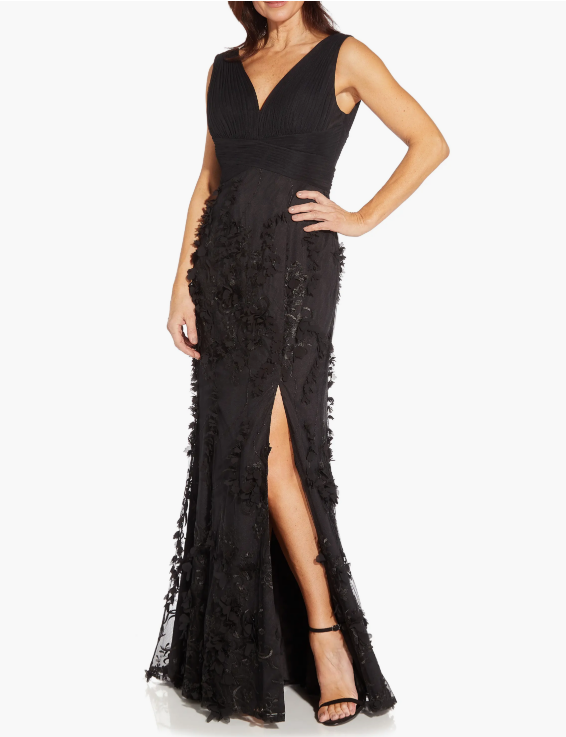 Aidan Mattox by Adrianna Papell Embroidered Mesh Trumpet Gown Black Size 8