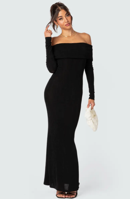 Edikted Susan Off the Shoulder Long Sleeve Maxi Dress Black Size L