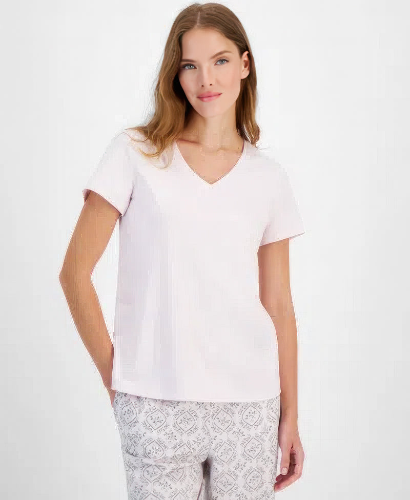 Charter Club Women's Solid V-Neck Short-Sleeve Top Color Pink Wink Size L