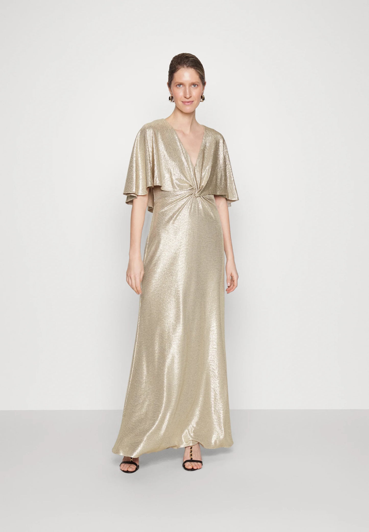Lauren Ralph Lauren Women's Foil-Print Jersey Cape Gown Color Birch Tan/Gold Foil Size 10