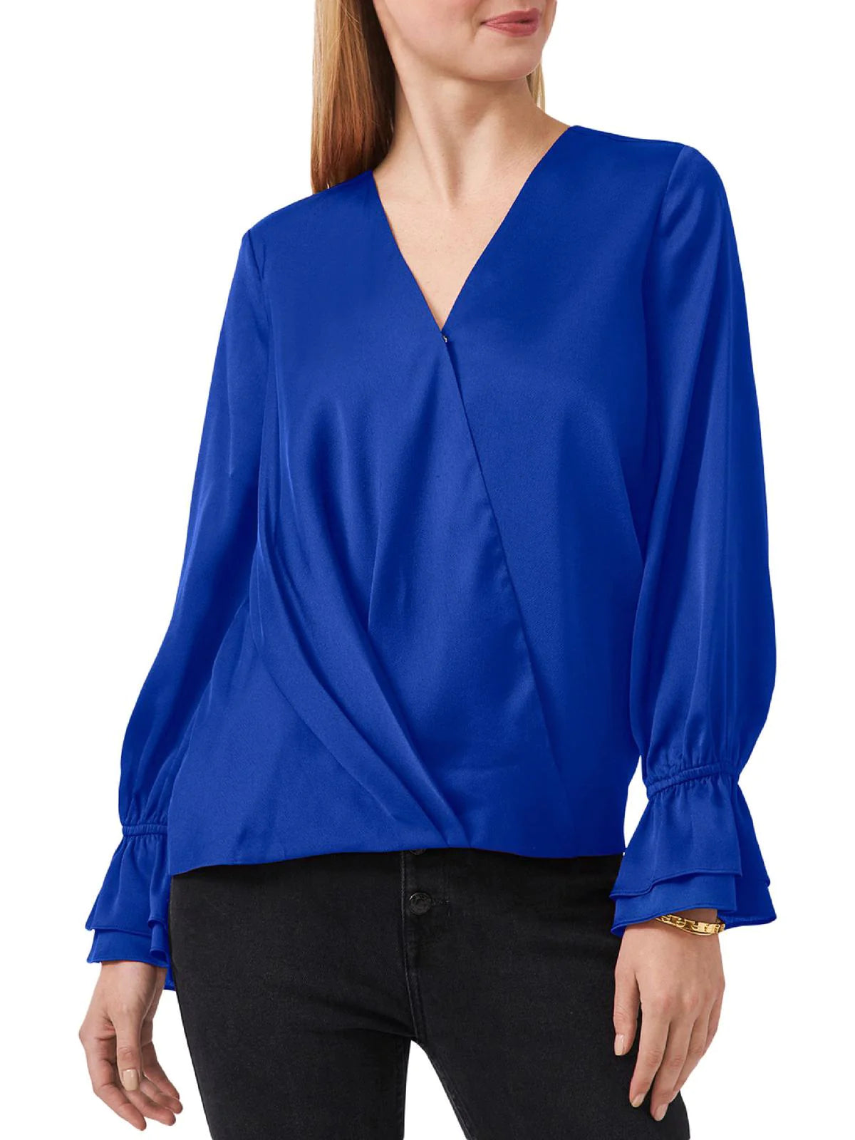 Vince Camuto Women's Satin Wrap Front Blouse Color Vivid Blue Size L