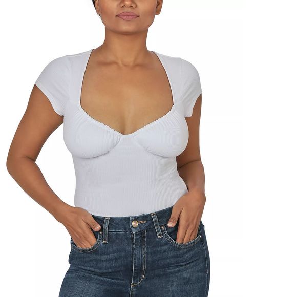 Just Polly Juniors Rib-Knit Cap-Sleeve Bodysuit Color White Size S