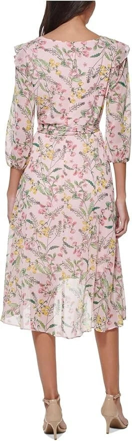 Tommy Hilfiger Printed Balloon-Sleeve Faux-Wrap Dress Ballerina Pink Multi Size 12 (No Tag)
