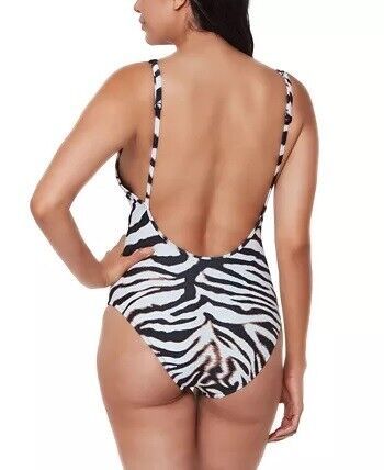 Bar III Printed V-Neck One-Piece Swimsuit Color White/Black Size L