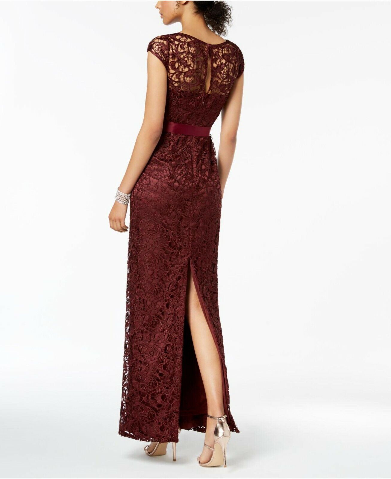 Adrianna Papell Women's Belted Illusion Long Lace Gown Color Deep Wine Size 14