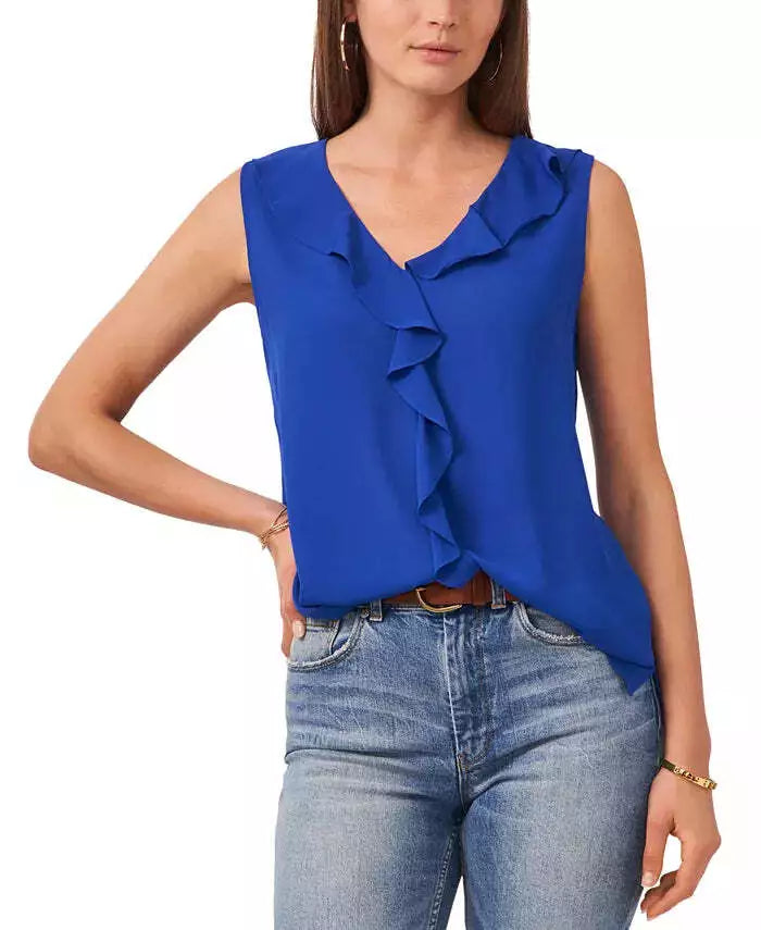 Vince Camuto Women's Solid Sleeveless Ruffled Top Color Deep Blue Size 2XS
