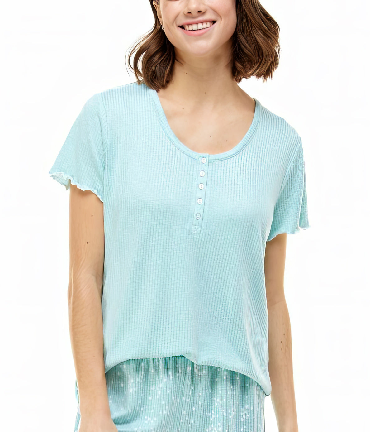 Roudelain Women's Ribbed Lettuce-Trim Pajama Top Color Eggshell Blue/Star Inspire Size L
