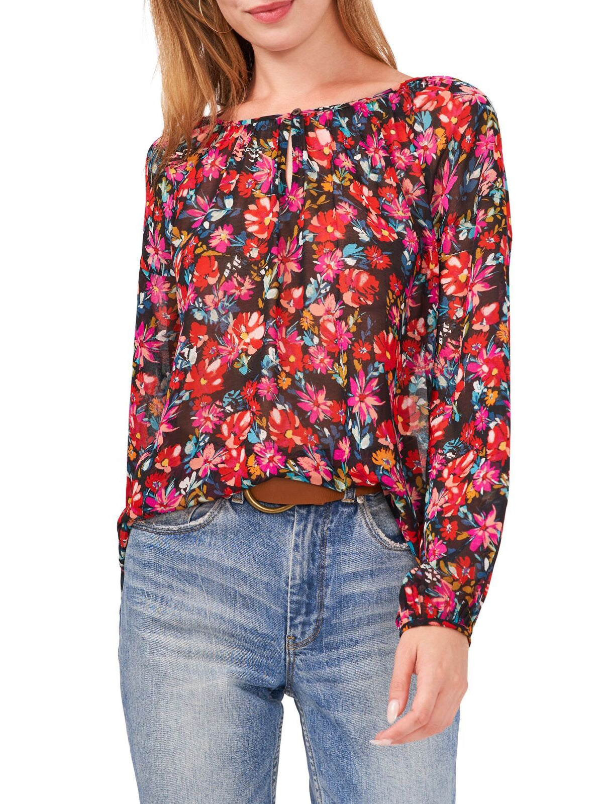 Vince Camuto Women's Long Sleeve Floral Peasant Blouse Color Rich Black Size M