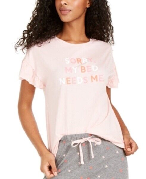 Jenni Women's Ruffle-Sleeve Pajama T-Shirt "Sorry, My Bed Needs Me" Color Peachskin Size 2XL