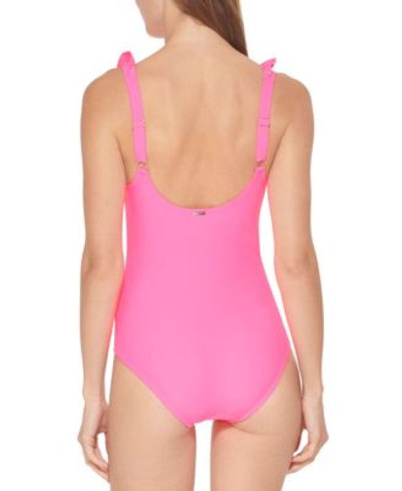 DKNY Ruffle Plunge Underwire One-Piece Swimsuit Color Neon Pink Size 6