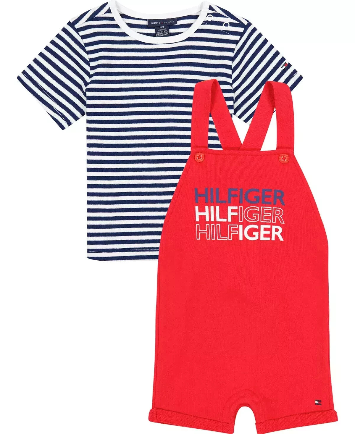 Tommy Hilfiger Baby Boys Knit Shortall Striped T-Shirt, 2 Piece Set Color Red Size 24 months