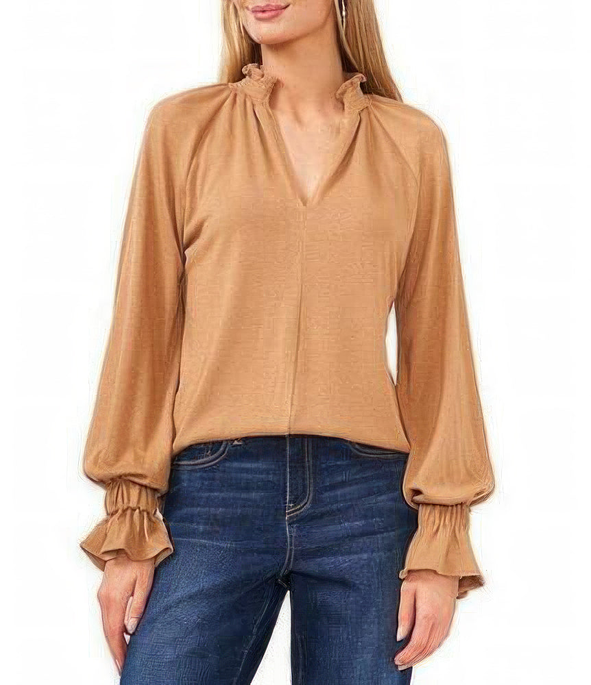 Vince Camuto Women's Split-Neck Smocked Sweater Color Wild Oak Size 2XS