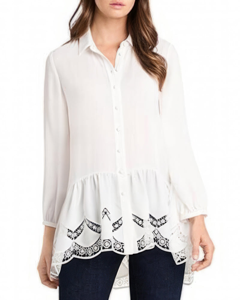 Vince Camuto Solid Lace-Trimmed Button-Down Tunic Blouse Color New Ivory Size M