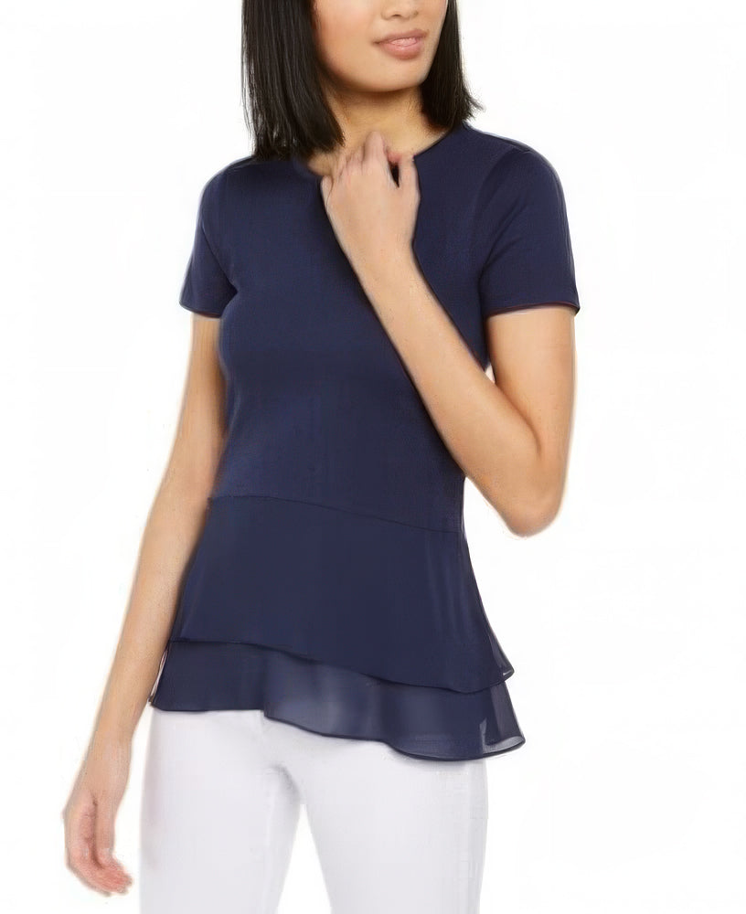 Michael Kors Women's Petites Lace-Hem Top Color Navy Size PXS
