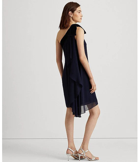 Lauren Ralph Lauren One Shoulder Velvet Bow Sleeveless Cascading Chiffon Dress Color Lighthouse Navy Size 2