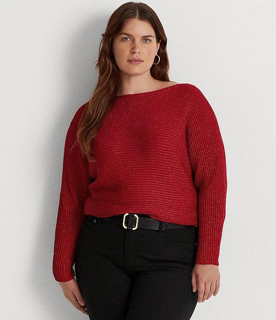 Lauren Ralph Lauren Plus-Size Dolman-Sleeve Boatneck Statement Sweater Color Lipstick Red Lurex Size 3X