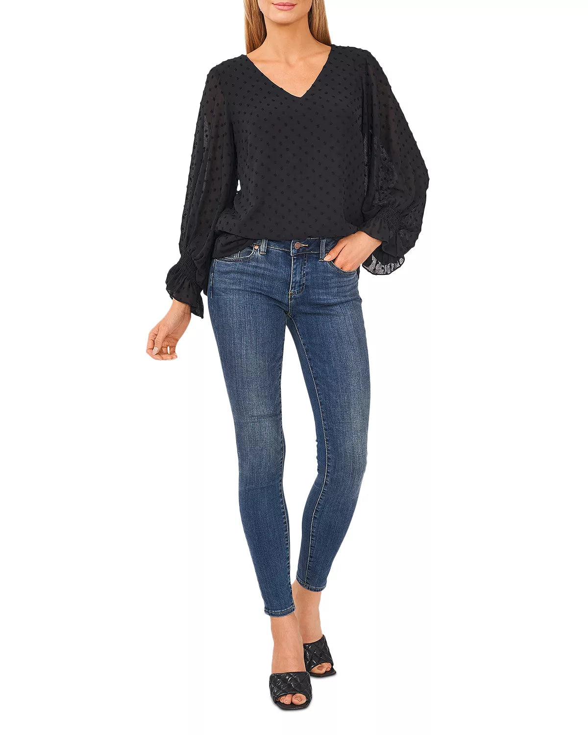 Vince Camuto Women's Swiss Clip-Dot Smocked Blouse Color Rich Black Size 2XS