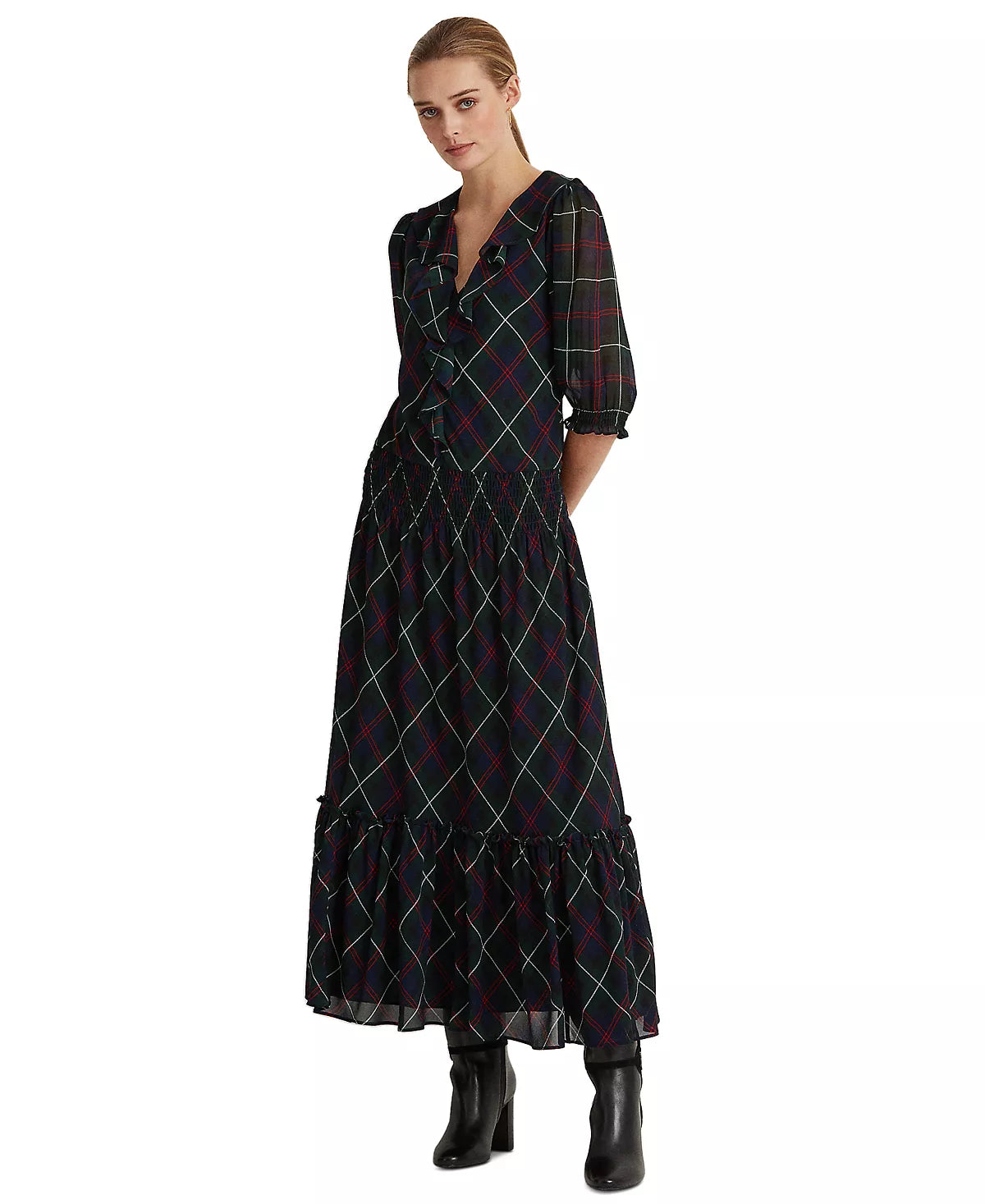 Lauren Ralph Lauren Plaid Georgette Ruffle Midi Dress Color Polo Black Multi Size 2