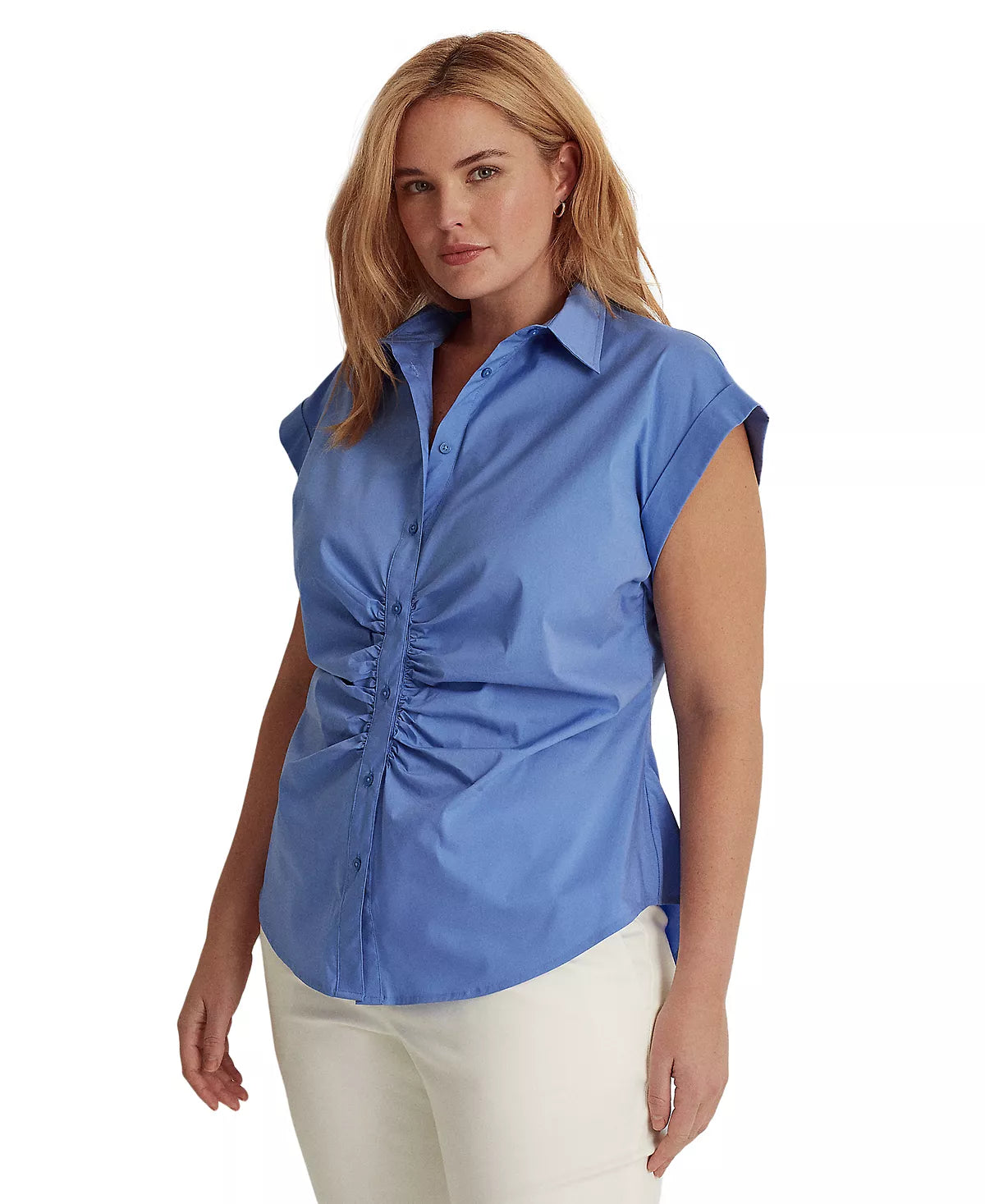 Lauren Ralph Lauren Plus-Size Shirred Stretch Cotton Shirt Color White Size 14W
