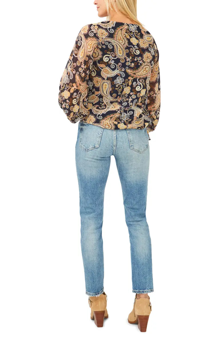 VINCE CAMUTO Paisley Smocked Sleeve Blouse Color Classic Navy Size M