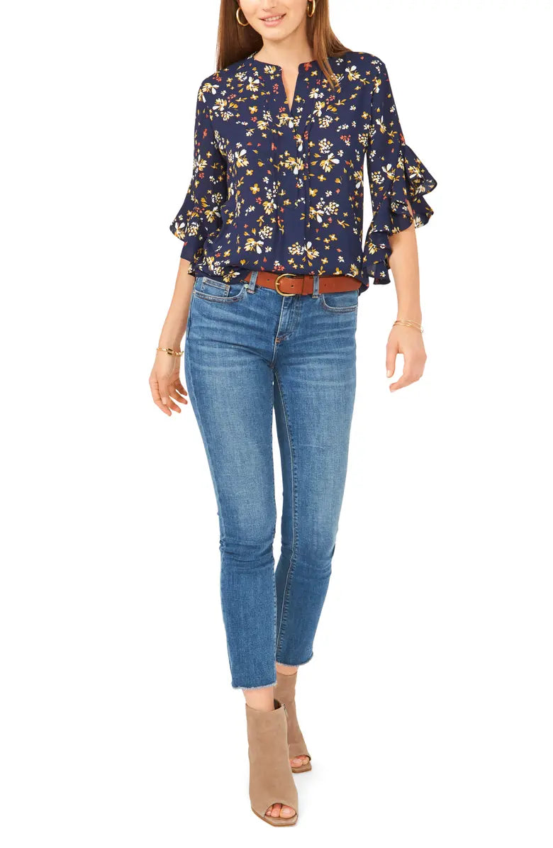 VINCE CAMUTO Womens Floral Flutter Sleeve Blouse Color Classic Navy Size XS