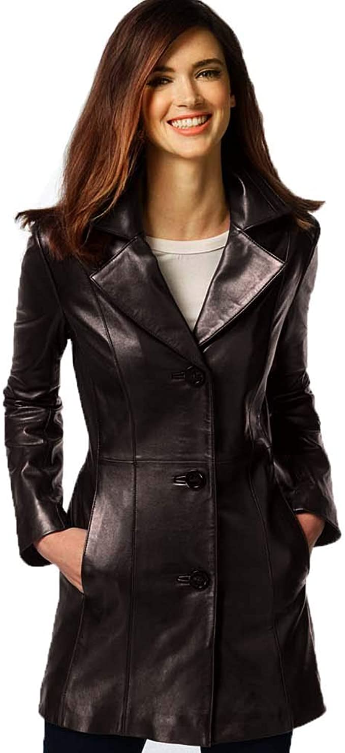 Anne Klein Women's 3 Button Notch Collar Walker Leather Coat Cognac Size XL