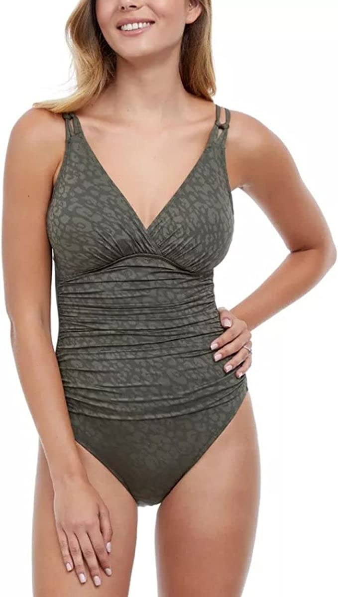 Profile by Gottex Luminous Safari V Neck One Piece Swimsuit Color Olive Size 10