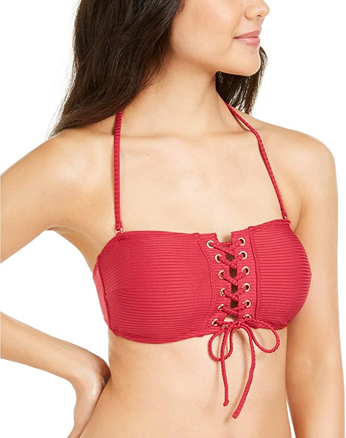 Hula Honey Women's Juniors Rhythm Bandeau Lace-Up Swim Top Separates Size L