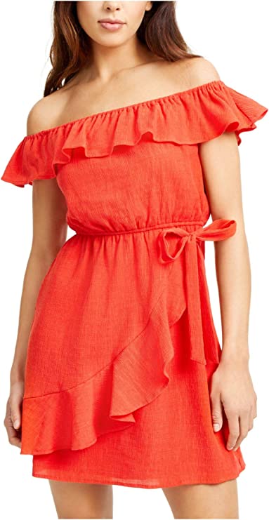City Studios Juniors Off-The-Shoulder Ruffle Dress Color Coral Size XL
