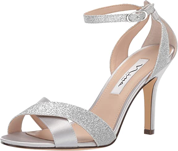 NINA Womens Glitter Ankle Strap Heel Sandals Color Silver Size 6.5M