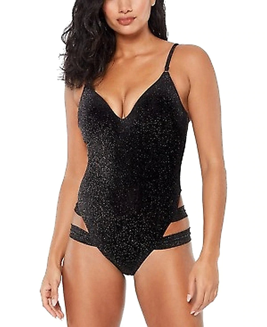 Bar III Shimmer Strappy-Leg One-Piece Swimsuit Color Black Size L