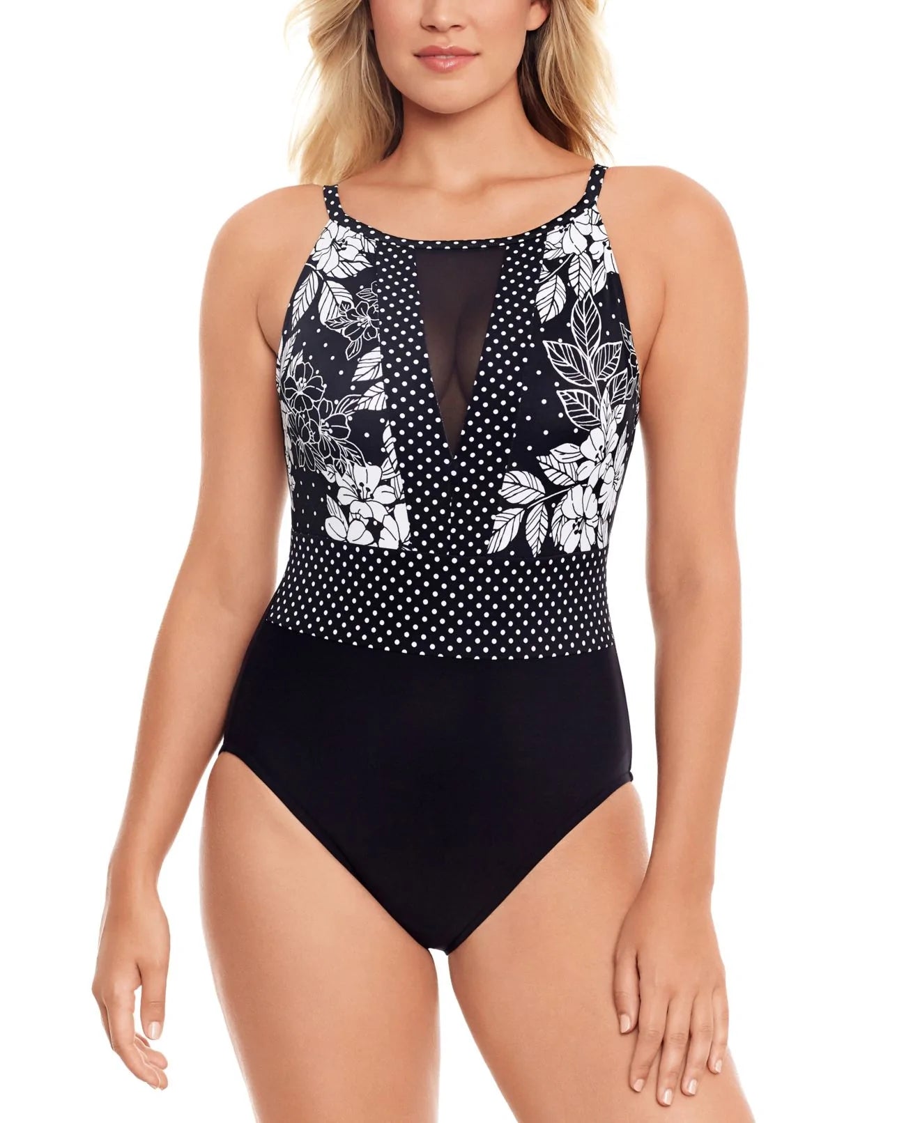 SWIM SOLUTIONS WOMENS SWIMWEAR BLACK SIZE 16 POLKA DOT FLORAL ONE PIECE Color Black Size 16