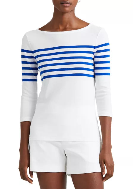 Lauren Ralph Lauren Plus-Size Striped Cotton Boat Neck Top Color White/Sapphire Star Size 1X