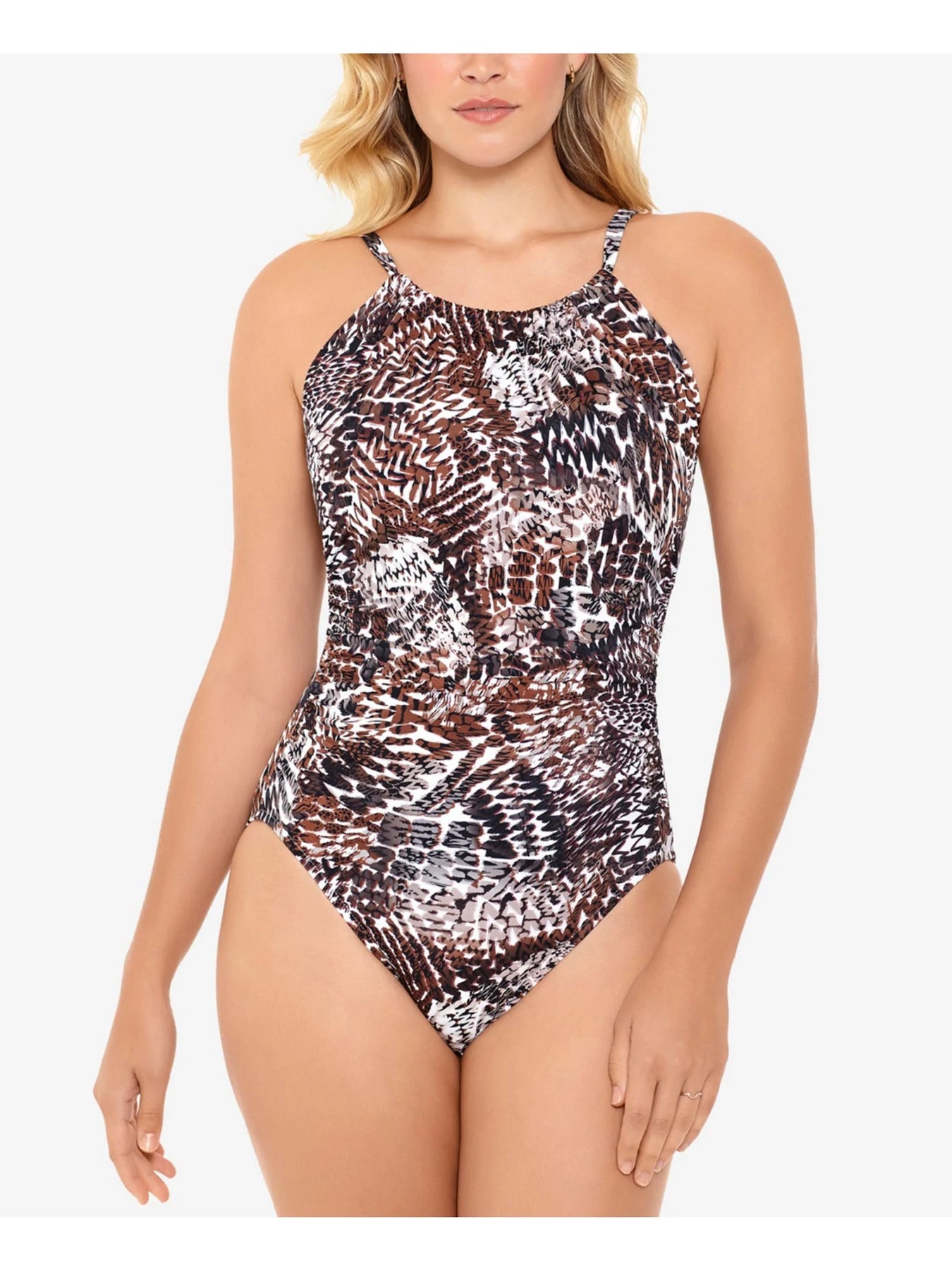Swim Solutions Printed Tummy Control Halter One-Piece Swimsuit Color Brown Size 10