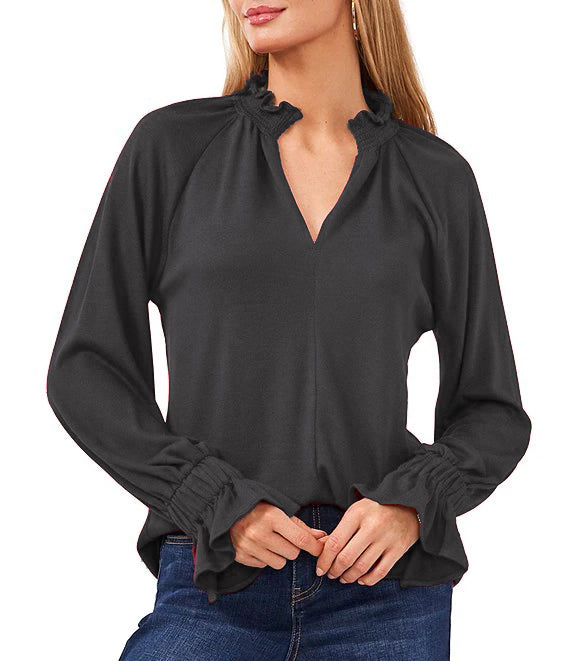 Vince Camuto Long Flare Sleeve Smocked Split Mock V-Neck Top Color Gray Size M