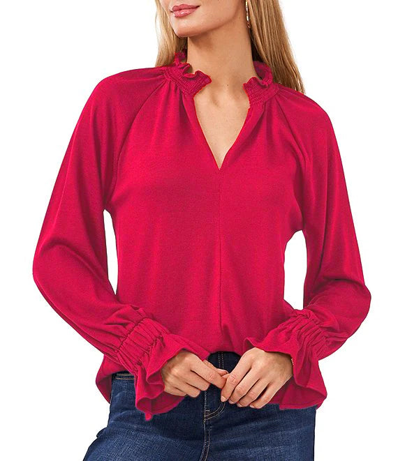 Vince Camuto Long Flare Sleeve Smocked Split Mock V-Neck Top Color Gray Size XS
