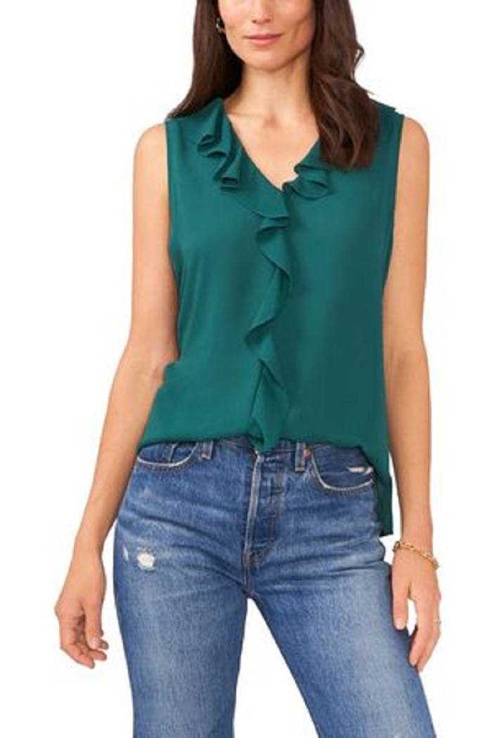 VINCE CAMUTO Solid Sleeveless Ruffled Top Color Deep Blue Size S