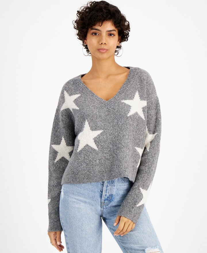 Hippie Rose Juniors' Star-Print Sweater Color Gray Size S