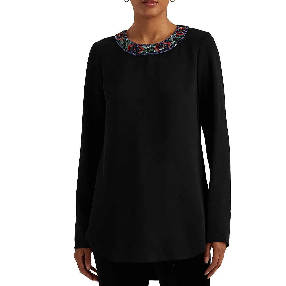 Lauren Ralph Lauren Plus-Size Beaded Georgette Blouse Color Polo Black Size 3X