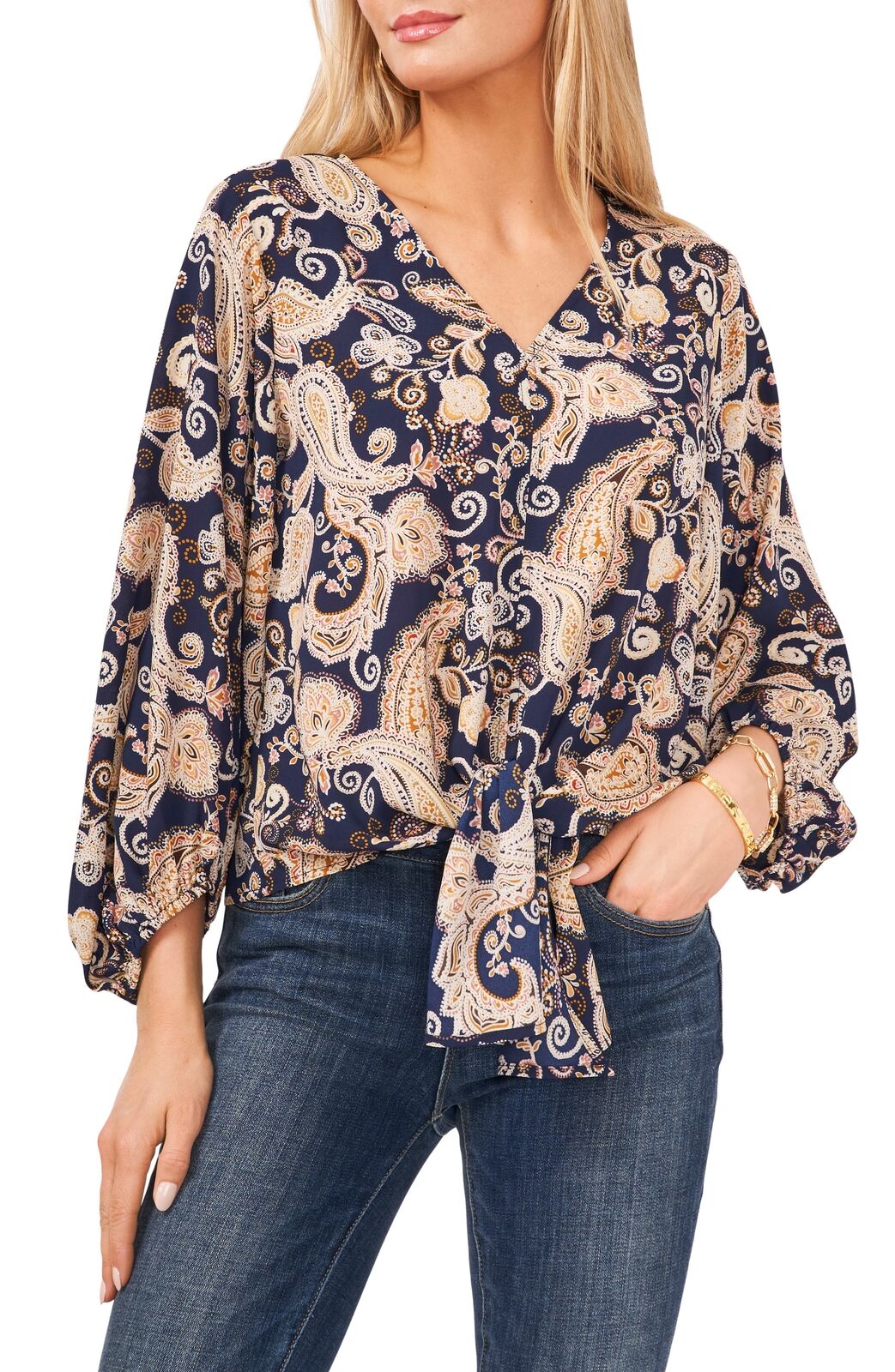 VINCE CAMUTO Womens Glasgow Paisley Ballon Sleeve Blouse Color CLASSIC NAVY Size XXS