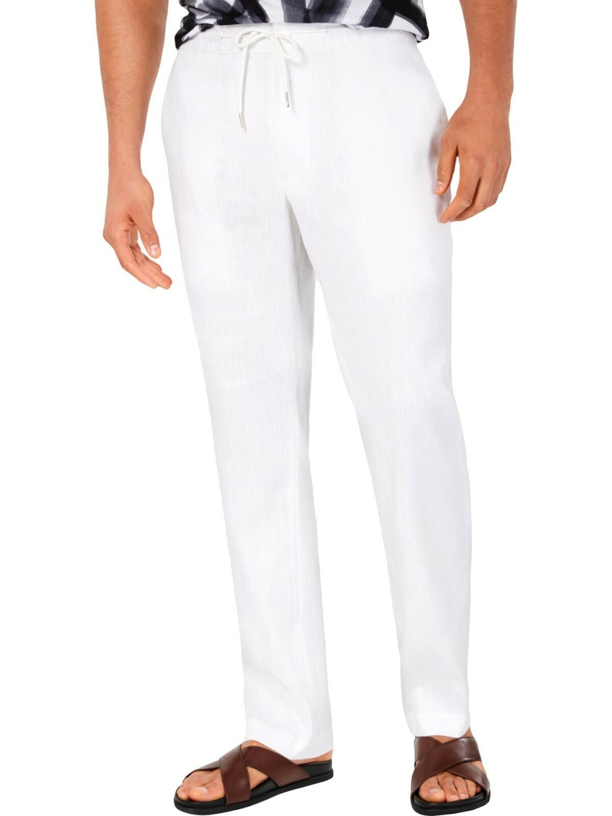 ALFANI Mens Stretch Regular Fit Linen Stretch Pants Color White Size XL
