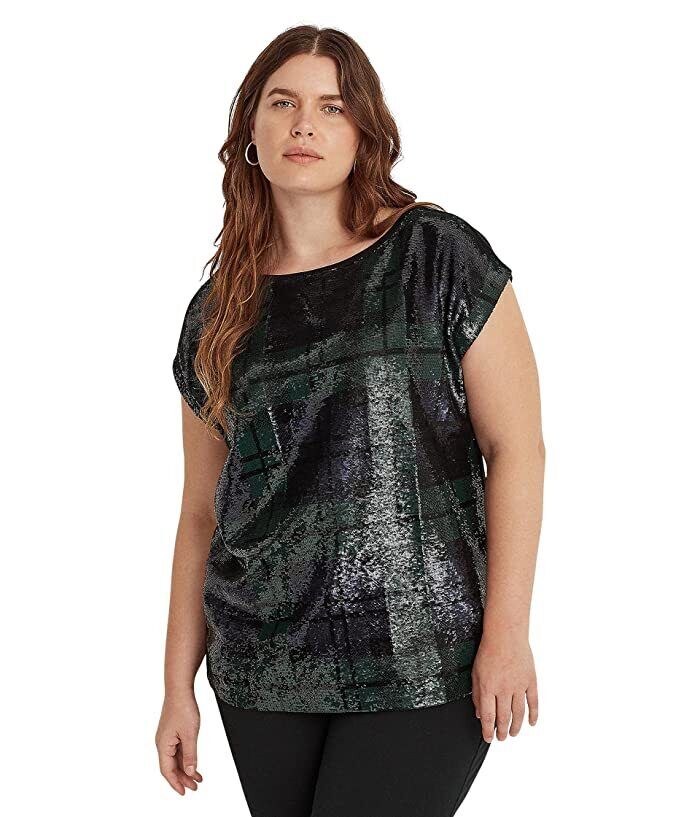 Lauren Ralph Lauren Plus-Size Sequined Plaid Cotton Blend Tee Color Polo Black Multi Size 3X
