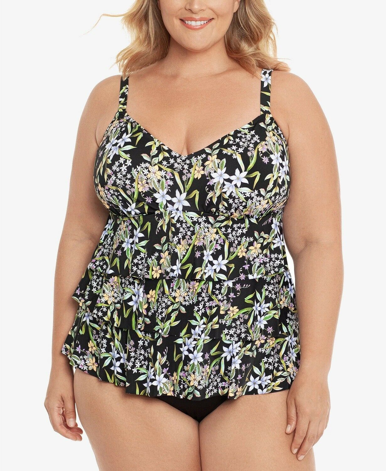 Swim Solutions Plus Size Triple Tier V-Neck One-Piece Swimsuit Color Black Multi Size 20W