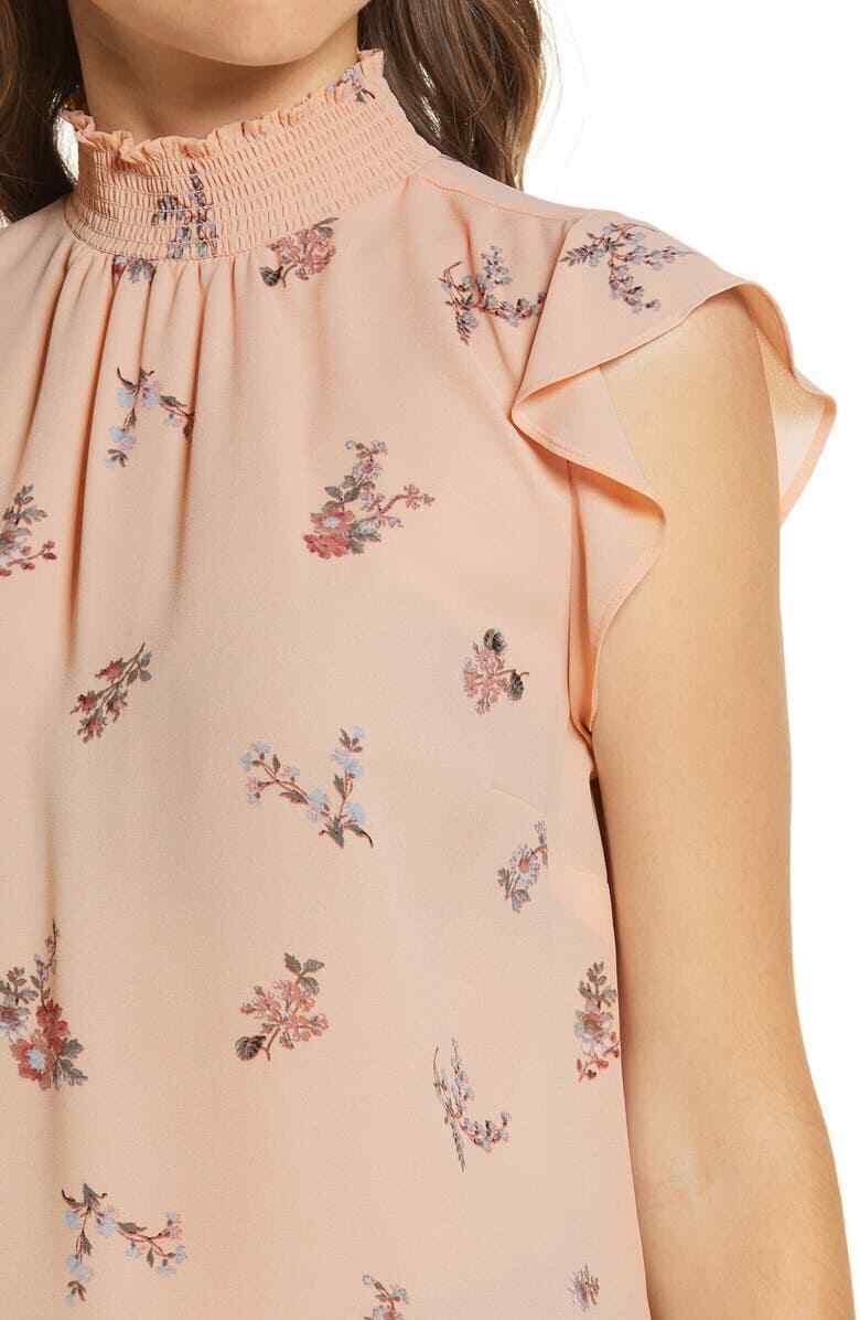 Vince Camuto Top Smocked Neck Ruffle Sleeve Blouse Color Belini Size XS