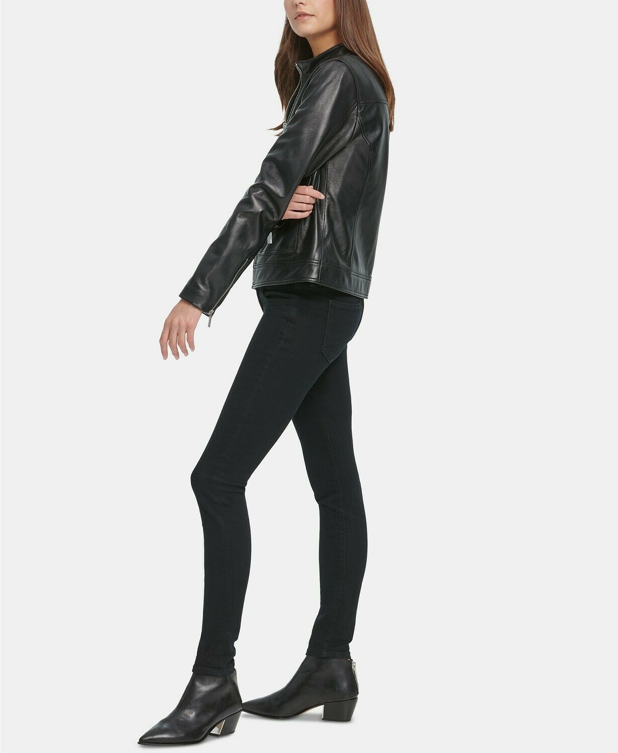 DKNY Women’s Zip Front Trucker Leather Jacket Color Black Size XL