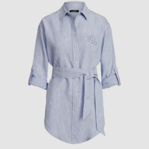 Lauren Ralph Lauren Womens Striped Logo Linen Shirt Color Blue Lochwhite Size L